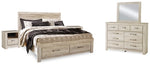 Cama Bellaby King con almacenamiento, tocador, espejo y dos mesitas de noche