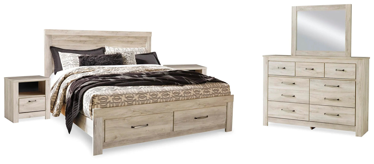 Cama Bellaby King con almacenamiento, tocador, espejo y dos mesitas de noche