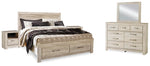 Cama Bellaby King con almacenamiento, tocador, espejo y dos mesitas de noche