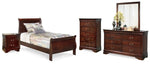 Cama doble tipo trineo Alisdair, tocador, espejo, cómoda y mesita de noche