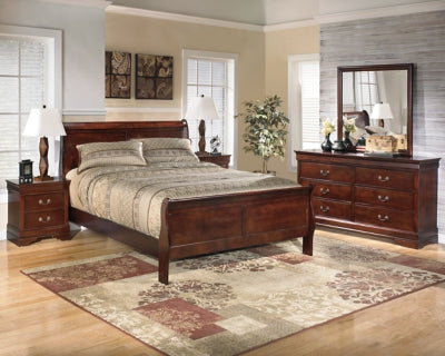 Cama Queen tipo trineo Alisdair, tocador, espejo y mesita de noche