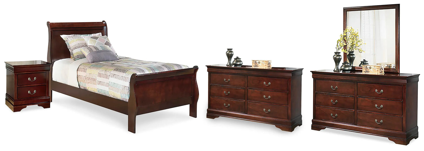 Cama trineo individual Alisdair, 2 cómodas, espejo y mesita de noche