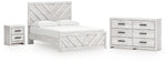 Cama Queen Cayboni con paneles, cómoda y mesita de noche