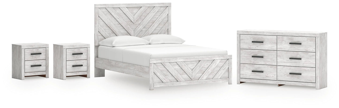 Cama Cayboni Queen con paneles, cómoda y dos mesitas de noche