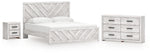 Cama King con paneles, cómoda y mesita de noche Cayboni