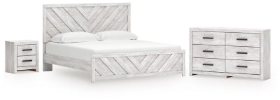 Cama King con paneles, cómoda y mesita de noche Cayboni