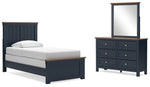 Cama individual con paneles, cómoda y espejo Landocken