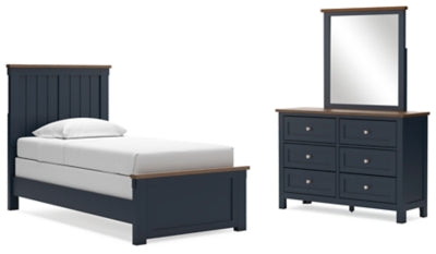 Cama individual con paneles, cómoda y espejo Landocken