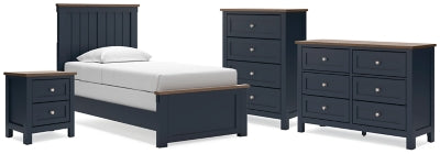 Cama individual con paneles, cómoda, arcón y mesita de noche Landocken