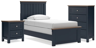 Cama individual con paneles, cómoda y mesita de noche Landocken