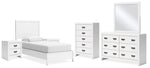 Cama Binterglen con dos paneles, tocador, espejo, cómoda y dos mesitas de noche