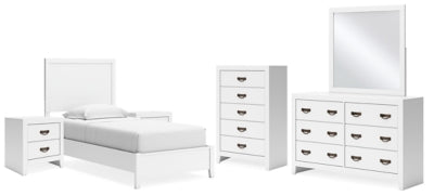 Cama Binterglen con dos paneles, tocador, espejo, cómoda y dos mesitas de noche