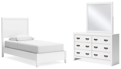Cama individual con paneles, cómoda y espejo Binterglen