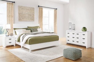 Cama King con paneles, cómoda y mesita de noche Binterglen