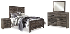 Cama Queen con paneles cruzados Wynnlow, tocador, espejo y mesita de noche