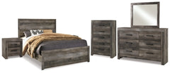 Cama Queen con paneles Wynnlow, tocador, espejo, cómoda y dos mesitas de noche