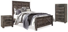 Cama Queen con paneles cruzados Wynnlow, cómoda y mesita de noche