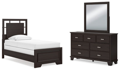 Cama individual con paneles, cómoda y espejo Covetown
