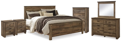 Cama Trinell King con paneles. Cómoda, espejo, cómoda y dos mesitas de noche.
