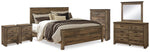 Cama Trinell King con paneles. Cómoda, espejo, cómoda y dos mesitas de noche.