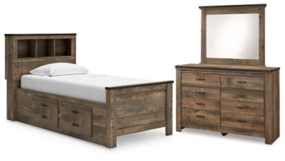 Cama, cómoda y espejo con librería doble Trinell