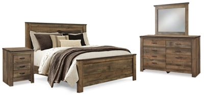 Cama Queen Trinell con paneles, tocador, espejo y mesita de noche