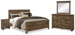 Cama King Trinell con paneles, tocador, espejo y mesita de noche