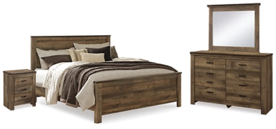 Cama King Trinell con paneles, cómoda, espejo y dos mesitas de noche
