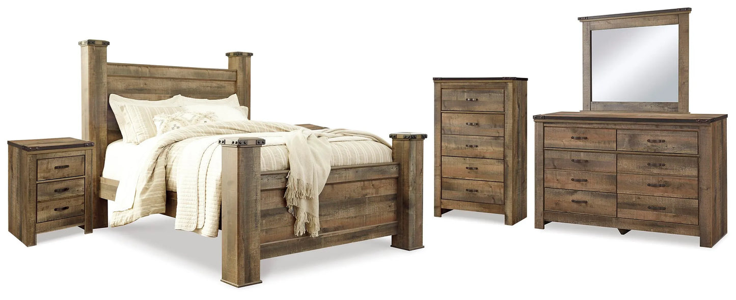 Cama con dosel Trinell Queen, tocador, espejo, cómoda y dos mesitas de noche