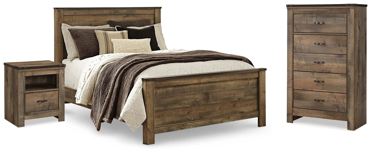 Cama Queen Trinell con paneles, cómoda y dos mesitas de noche