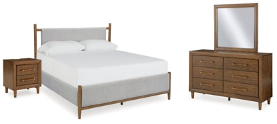 Cama Queen tapizada Lyncott, tocador, espejo y mesita de noche