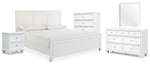 Cama Fortman King con paneles, tocador, espejo, cómoda y mesita de noche