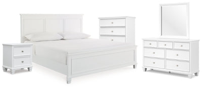 Cama Fortman King con paneles, tocador, espejo, cómoda y mesita de noche
