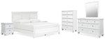 Cama Fortman King con paneles, tocador, espejo, cómoda y dos mesitas de noche