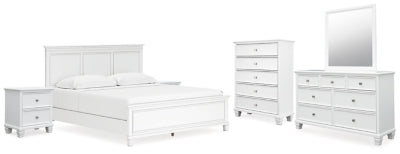 Cama Fortman King con paneles, tocador, espejo, cómoda y dos mesitas de noche