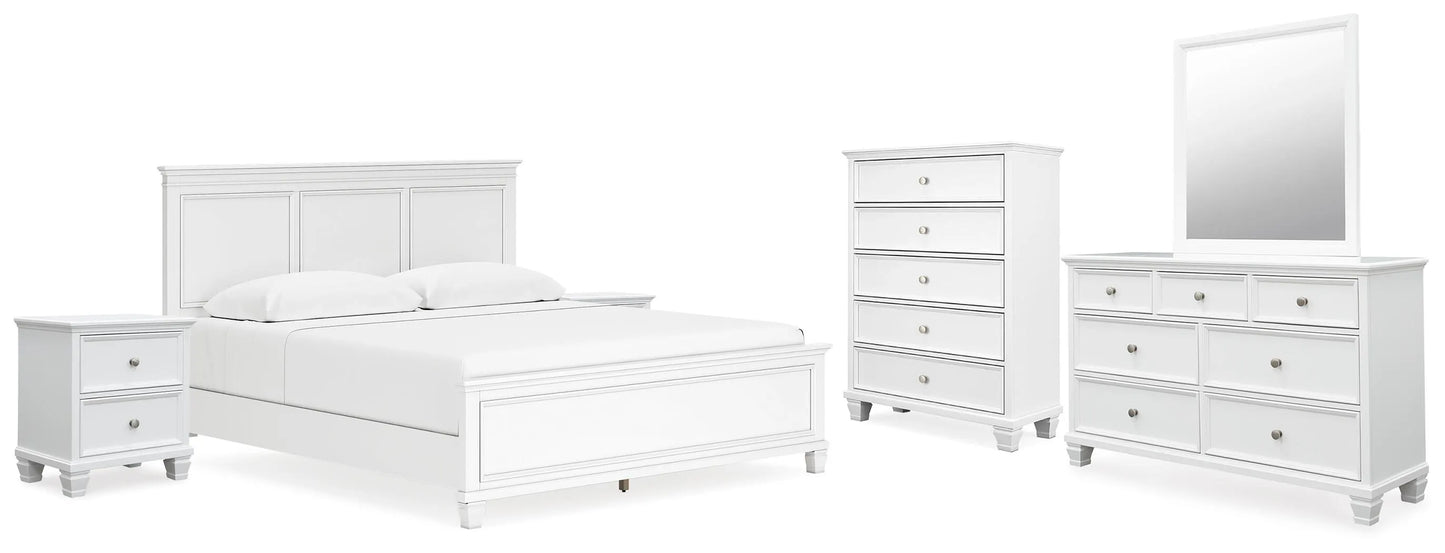 Cama Fortman King con paneles, tocador, espejo, cómoda y dos mesitas de noche