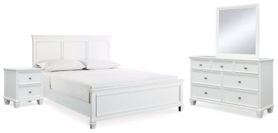 Cama King Fortman con paneles, tocador, espejo y mesita de noche