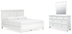 Cama King Fortman con paneles, cómoda y espejo