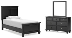 Cama individual con paneles, cómoda y espejo Lanolee
