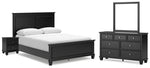 Cama Queen Lanolee con paneles, tocador, espejo y mesita de noche