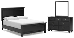 Cama Queen con paneles, tocador y espejo Lanolee