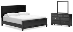 Cama King con paneles, tocador y espejo Lanolee