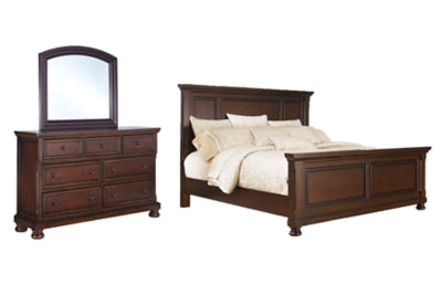 Cama Porter California King con paneles, cómoda y espejo
