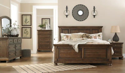 Cama Flynnter King con paneles, 2 tocadores, espejo, cómoda y 2 mesitas de noche