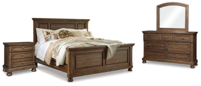 Cama Queen con paneles Flynnter, tocador, espejo y mesita de noche