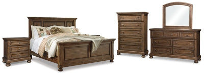 Cama Flynnter King con paneles, 2 tocadores, espejo, cómoda y 2 mesitas de noche