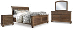 Cama Queen tipo trineo Flynnter, tocador, espejo y dos mesitas de noche