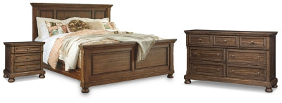 Cama Queen con paneles, cómoda y mesita de noche Flynnter