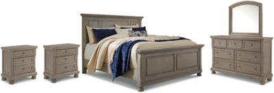 Cama Lettner Queen con paneles, tocador, espejo y dos mesitas de noche