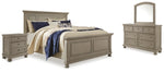 Cama Lettner King con paneles, cómoda, espejo y dos mesitas de noche